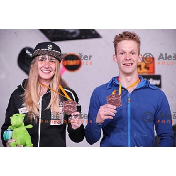 Katja Kadic and Anze Peharc during Final of Triglav The Rock boulder climbing competition in Ljubljana on May 25, 2019