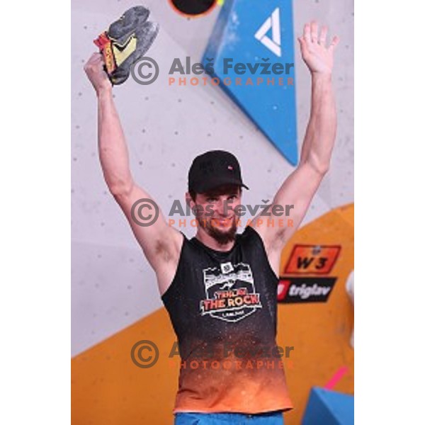 Jernej Kruder in The Final of Triglav The Rock boulder climbing competition in Ljubljana on May 25, 2019
