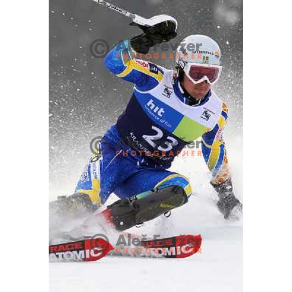 Markus Larsson skiing in first run of Europa Cup slalom in Kranjska gora, Slovenia 15.2.2008 