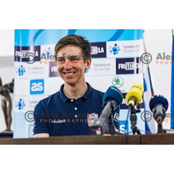 Tadej Pogacar during reception for world class Slovenian cyclists after great results at Giro d\'Italia and Race in USA in front of Ljubljana Town Hall, Slovenia on June 3, 2019