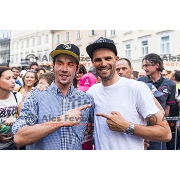 Primoz Roglic and Luka Mezgec during reception for world class Slovenian cyclists after great results at Giro d\'Italia and Race in USA in front of Ljubljana Town Hall, Slovenia on June 3, 2019