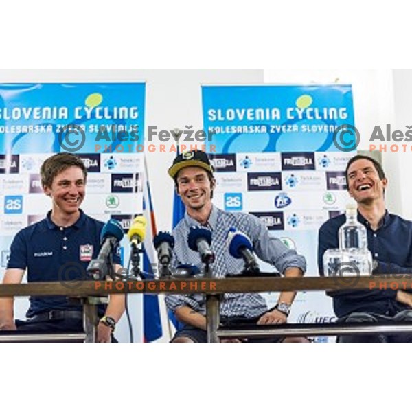 Tadej Pogacar, Primoz Roglic and Jan Polanc during reception for world class Slovenian cyclists after great results at Giro d\'Italia and Race in USA in front of Ljubljana Town Hall, Slovenia on June 3, 2019