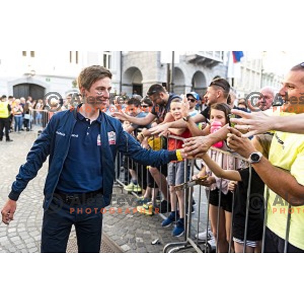 Tadej Pogacar during reception for world class Slovenian cyclists after great results at Giro d\'Italia and Race in USA in front of Ljubljana Town Hall, Slovenia on June 3, 2019