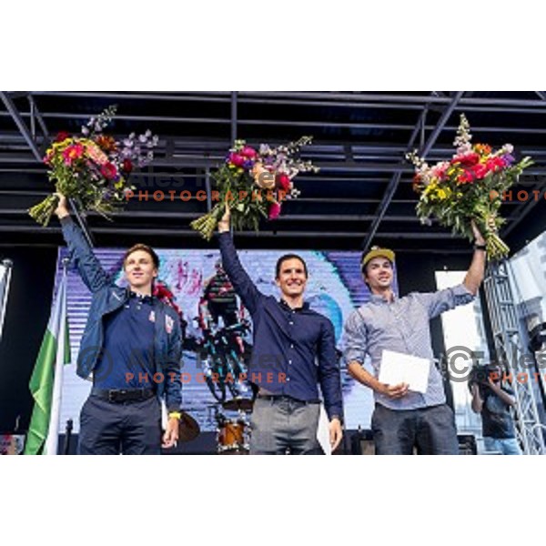 Tadej Pogacar, Jan Polanc and Primoz Roglic during reception for world class Slovenian cyclists after great results at Giro d\'Italia and Race in USA in front of Ljubljana Town Hall, Slovenia on June 3, 2019