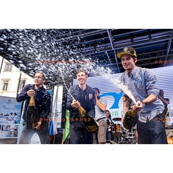 Jan Polanc, Tadej Pogacar and Primoz Roglic during reception for world class Slovenian cyclists after great results at Giro d\'Italia and Race in USA in front of Ljubljana Town Hall, Slovenia on June 3, 2019
