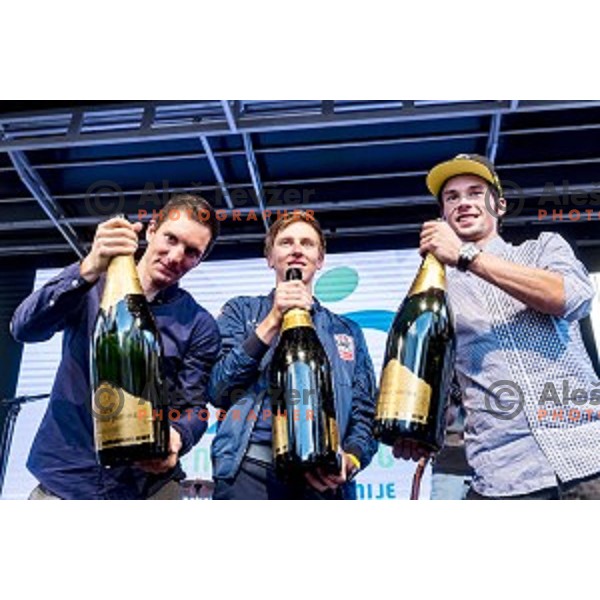 Jan Polanc, Tadej Pogacar and Primoz Roglic during reception for world class Slovenian cyclists after great results at Giro d\'Italia and Race in USA in front of Ljubljana Town Hall, Slovenia on June 3, 2019