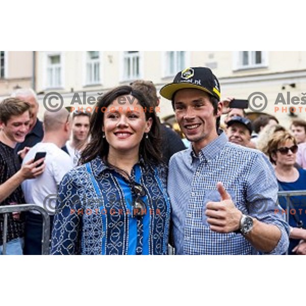 Lora Klinc and Primoz Roglic during reception for world class Slovenian cyclists after great results at Giro d\'Italia and Race in USA in front of Ljubljana Town Hall, Slovenia on June 3, 2019