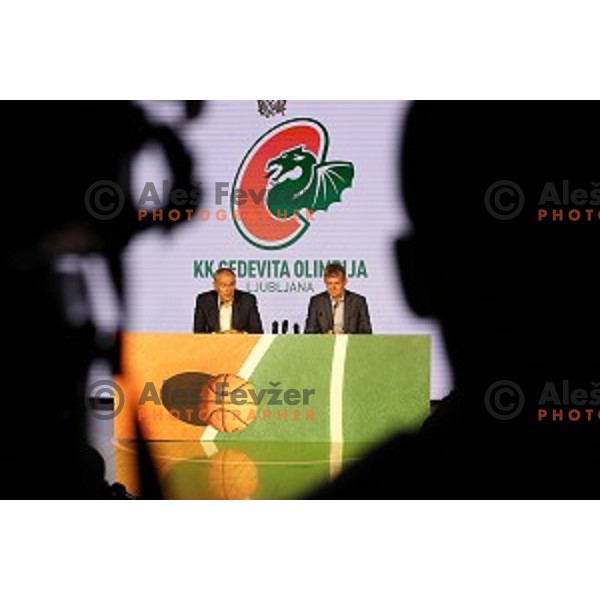 President of KK Cedevita Zagreb Emil Tedeschi and president of KK Petrol Olimpija Ljubljana Tomaz Berlocnik during press conference in Stozice Hall, Ljubljana, Slovenia on June 4, 2019