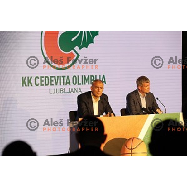 President of KK Cedevita Zagreb Emil Tedeschi and president of KK Petrol Olimpija Ljubljana Tomaz Berlocnik during press conference in Stozice Hall, Ljubljana, Slovenia on June 4, 2019