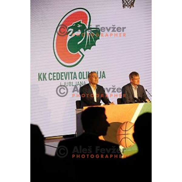 President of KK Cedevita Zagreb Emil Tedeschi and president of KK Petrol Olimpija Ljubljana Tomaz Berlocnik during press conference in Stozice Hall, Ljubljana, Slovenia on June 4, 2019