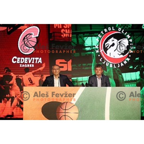 President of KK Cedevita Zagreb Emil Tedeschi and president of KK Petrol Olimpija Ljubljana Tomaz Berlocnik during press conference in Stozice Hall, Ljubljana, Slovenia on june 4, 2019