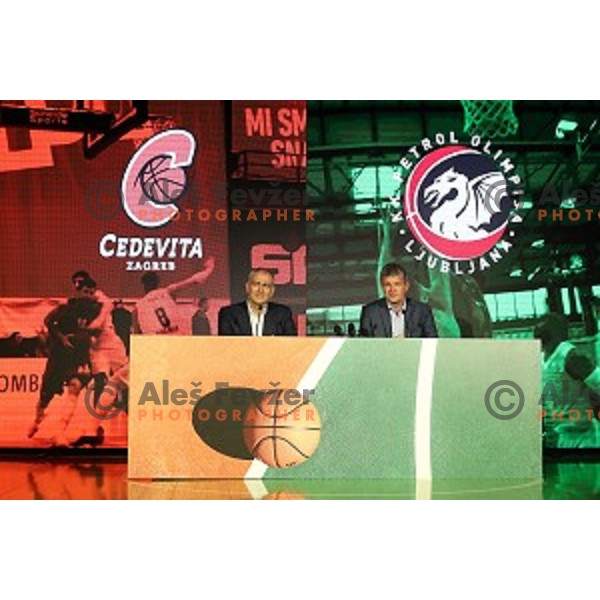 President of KK Cedevita Zagreb Emil Tedeschi and president of KK Petrol Olimpija Ljubljana Tomaz Berlocnik during press conference in Stozice Hall, Ljubljana, Slovenia on june 4, 2019