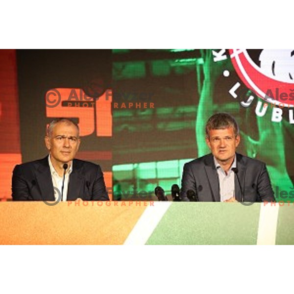 President of KK Cedevita Zagreb Emil Tedeschi and president of KK Petrol Olimpija Ljubljana Tomaz Berlocnik during press conference in Stozice Hall, Ljubljana, Slovenia on june 4, 2019