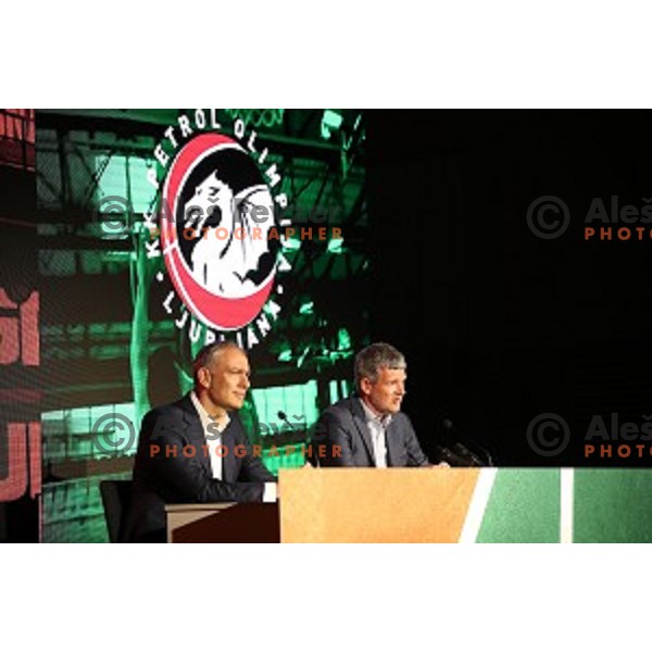 President of KK Cedevita Zagreb Emil Tedeschi and president of KK Petrol Olimpija Ljubljana Tomaz Berlocnik during press conference in Stozice Hall, Ljubljana, Slovenia on june 4, 2019