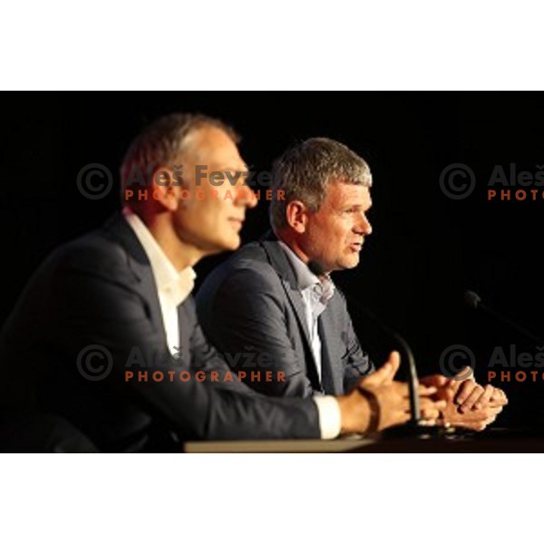 President of KK Cedevita Zagreb Emil Tedeschi and president of KK Petrol Olimpija Ljubljana Tomaz Berlocnik during press conference in Stozice Hall, Ljubljana, Slovenia on june 4, 2019