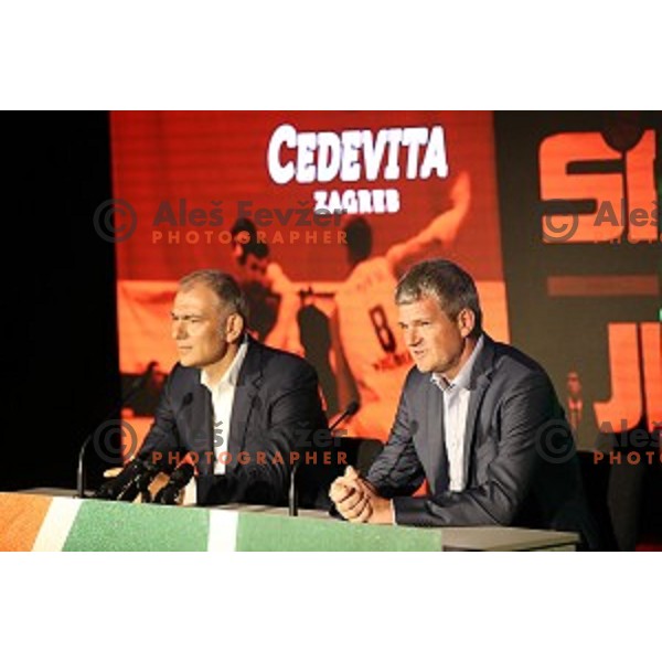 President of KK Cedevita Zagreb Emil Tedeschi and president of KK Petrol Olimpija Ljubljana Tomaz Berlocnik during press conference in Stozice Hall, Ljubljana, Slovenia on june 4, 2019