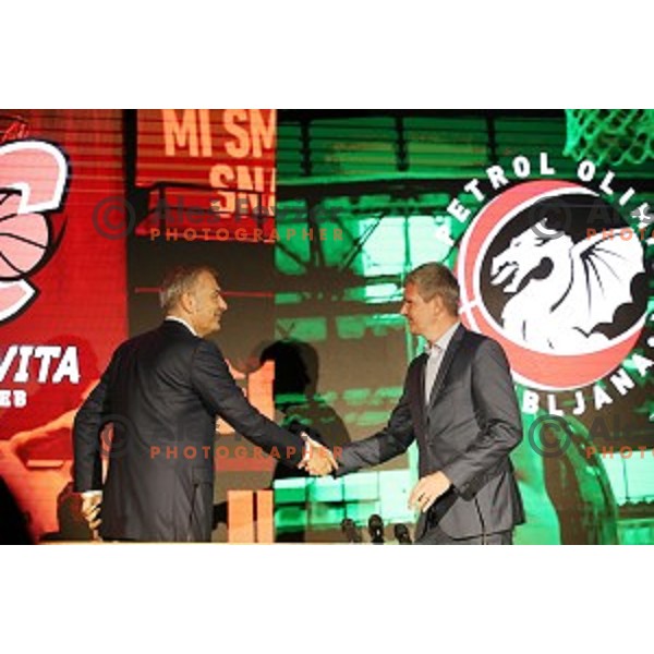 President of KK Cedevita Zagreb Emil Tedeschi and president of KK Petrol Olimpija Ljubljana Tomaz Berlocnik during press conference in Stozice Hall, Ljubljana, Slovenia on june 4, 2019