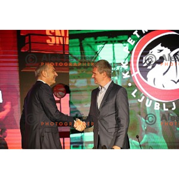 President of KK Cedevita Zagreb Emil Tedeschi and president of KK Petrol Olimpija Ljubljana Tomaz Berlocnik during press conference in Stozice Hall, Ljubljana, Slovenia on june 4, 2019