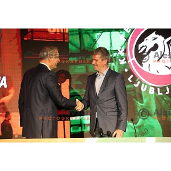 President of KK Cedevita Zagreb Emil Tedeschi and president of KK Petrol Olimpija Ljubljana Tomaz Berlocnik during press conference in Stozice Hall, Ljubljana, Slovenia on june 4, 2019