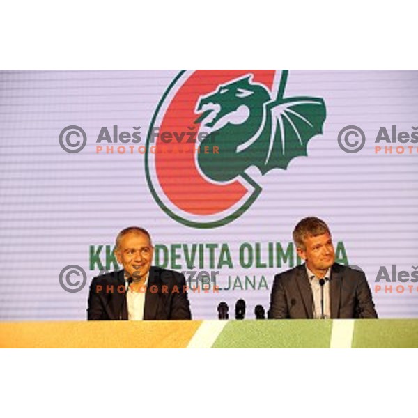 President of KK Cedevita Zagreb Emil Tedeschi and president of KK Petrol Olimpija Ljubljana Tomaz Berlocnik during press conference in Stozice Hall, Ljubljana, Slovenia on june 4, 2019