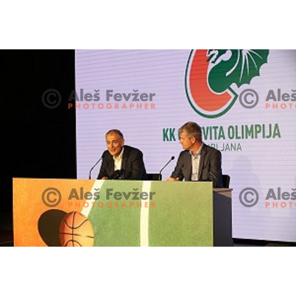 President of KK Cedevita Zagreb Emil Tedeschi and president of KK Petrol Olimpija Ljubljana Tomaz Berlocnik during press conference in Stozice Hall, Ljubljana, Slovenia on june 4, 2019