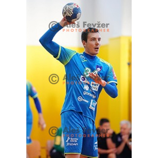 Rok Ovnicek in action during friendly handball match between Slovenia and Austria in Cerklje na Gorenjskem sports hall on June 8, 2019
