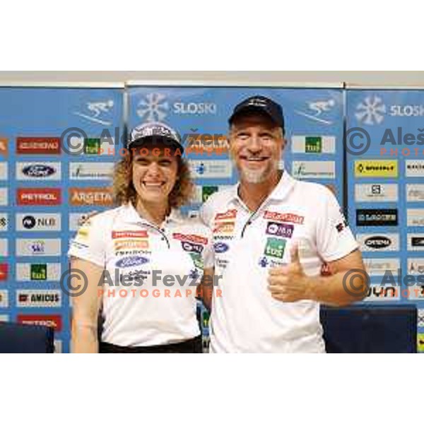 Ilka Stuhec and Stefan Abplanalp during press conference in Ljubljana, Slovenia on June 10, 2019