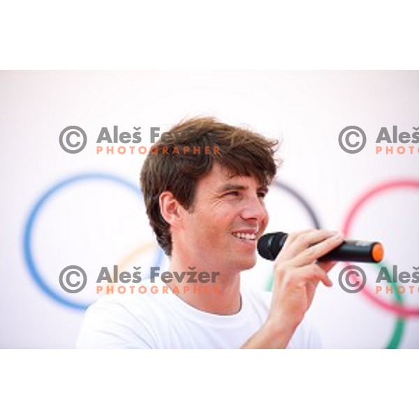 Zan Kosir, Slovenian olympic medalist in parallel snowboard during Olympic day with school children in Krize, Slovenija on June 12, 2019