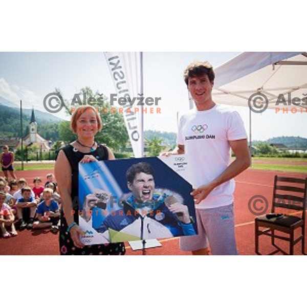 Zan Kosir, Slovenian olympic medalist in parallel snowboard during Olympic day with school children in Krize, Slovenija on June 12, 2019