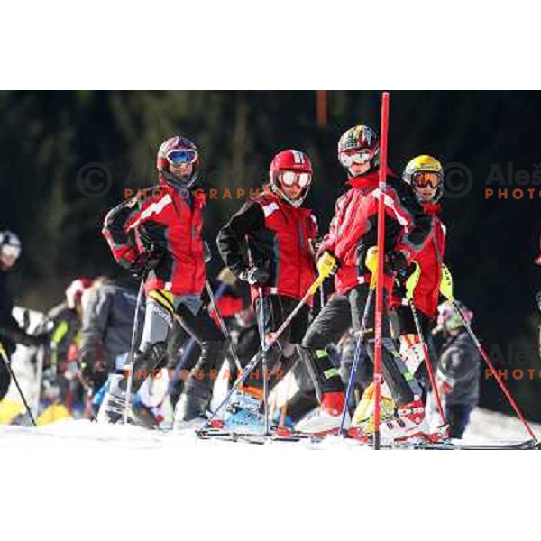 Skiers at slalom race for 33. Loka Cup, international children skiing competition in Stari Vrh, Skofja Loka, Slovenia on 16.2.2008 