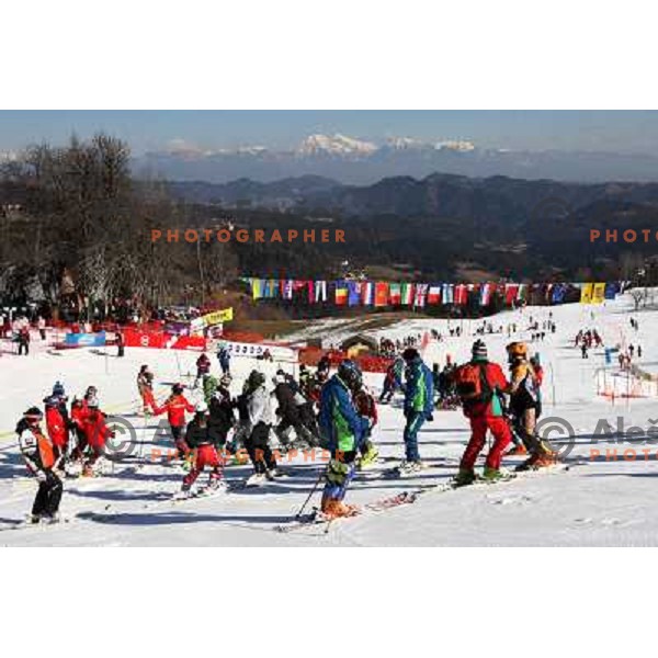 Skiers at slalom race for 33. Loka Cup, international children skiing competition in Stari Vrh, Skofja Loka, Slovenia on 16.2.2008 