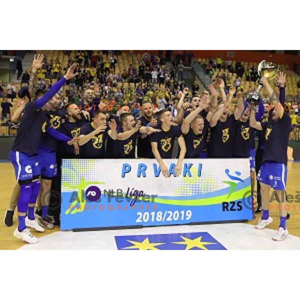 Players of Celje Pivovarna Lasko celebrate victory and title of NLB League and became Slovenian Handball Champions in Zlatorog Arena, Celje on May 31, 2019