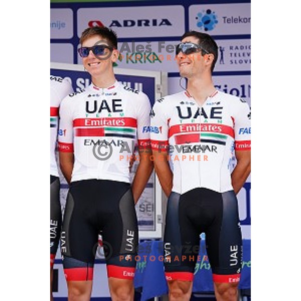 Tadej Pogacar and Jan Polanc during starting protocol before first stage of 26.Tour of Slovenia, UCI cycling race between Ljubljana and Rogaska Slatina on June 19, 2019