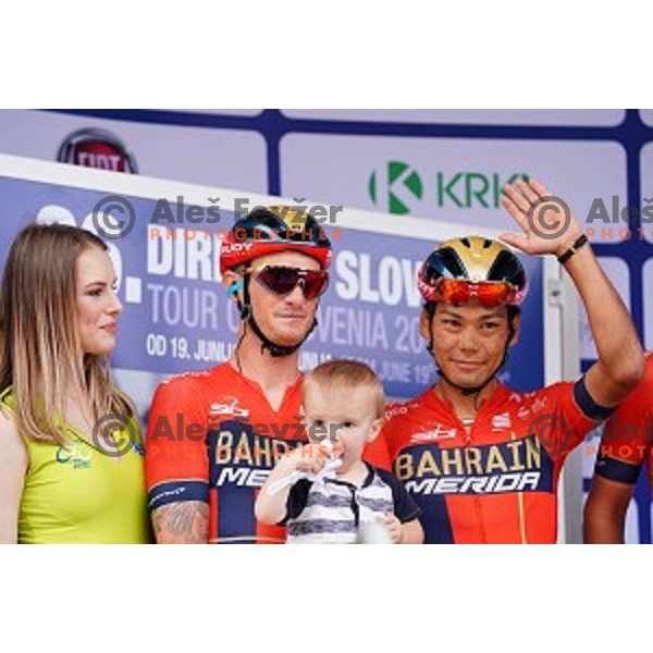 Grega Bole and Yukiya Arashiro during starting protocol before first stage of 26.Tour of Slovenia, UCI cycling race between Ljubljana and Rogaska Slatina on June 19, 2019