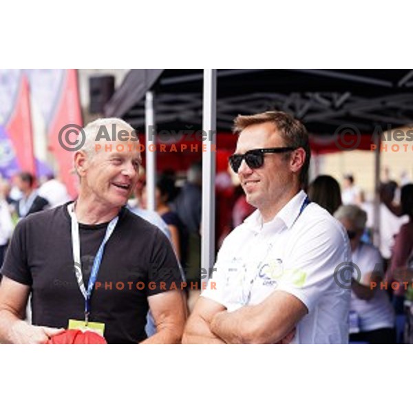 Primnoz Cerin and Uros Murn during starting protocol before first stage of 26.Tour of Slovenia, UCI cycling race between Ljubljana and Rogaska Slatina on June 19, 2019