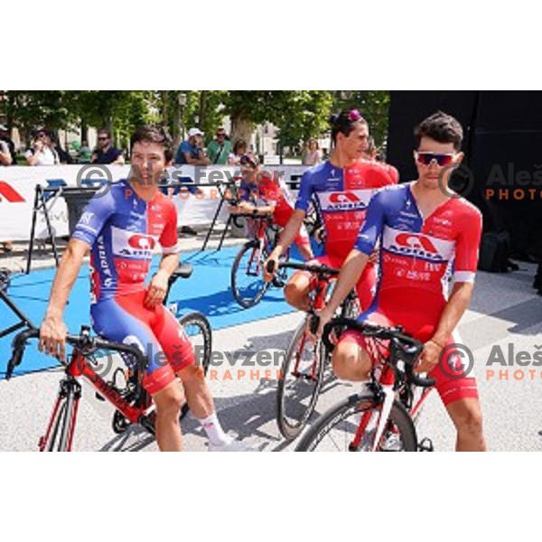 Ziga Groselj and Ziga Horvat at starting protocol before first stage of 26.Tour of Slovenia, UCI cycling race between Ljubljana and Rogaska Slatina on June 19, 2019