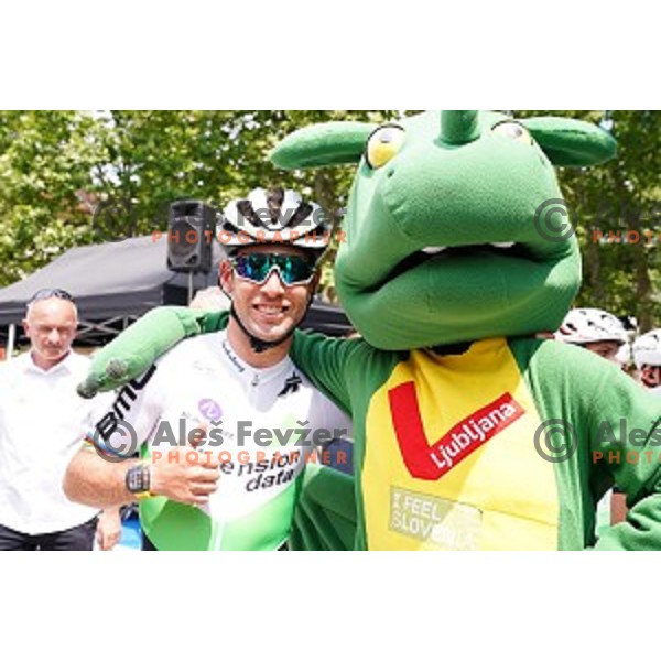 Mark Cavendish and Ljubljana Dragon at starting protocol before first stage of 26.Tour of Slovenia, UCI cycling race between Ljubljana and Rogaska Slatina on June 19, 2019