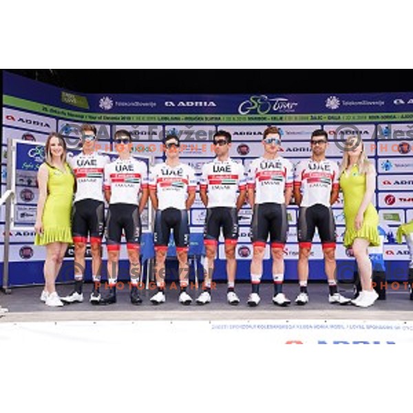 Team UAE with Tadej Pogacar and Jan Polanc during starting protocol before first stage of 26.Tour of Slovenia, UCI cycling race between Ljubljana and Rogaska Slatina on June 19, 2019