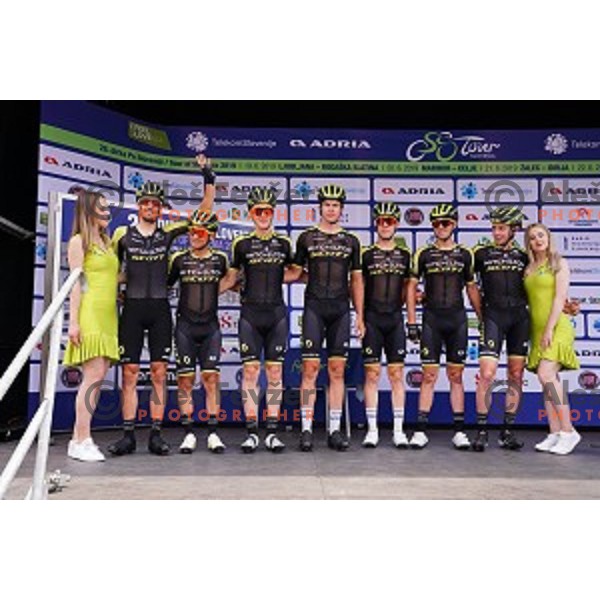 Luka Mezgec and Esteban Chaves with Michelton Scott team during starting protocol before first stage of 26.Tour of Slovenia, UCI cycling race between Ljubljana and Rogaska Slatina on June 19, 2019