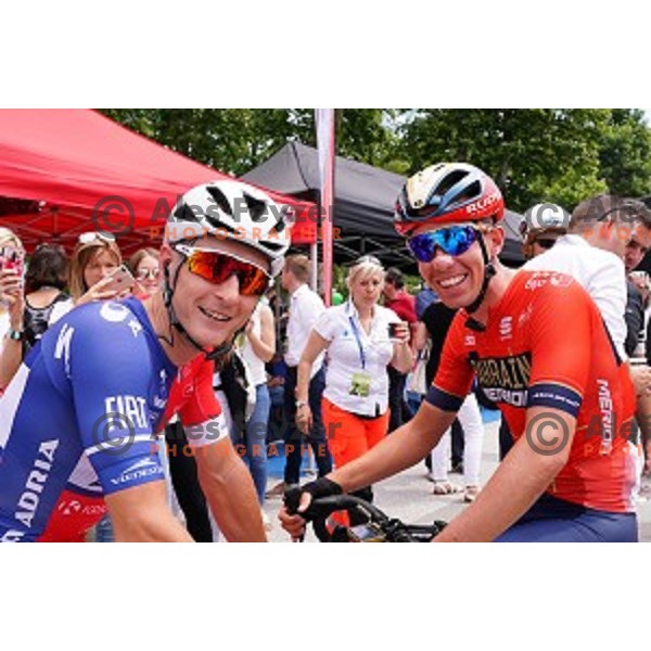 Marko Kump and Domen Novak during starting protocol before first stage of 26.Tour of Slovenia, UCI cycling race between Ljubljana and Rogaska Slatina on June 19, 2019