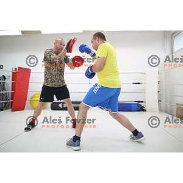 Coach Dejan Zavec and boxer Aljaz Venko, member of Slovenia Olympic team during practice session for 2. European games in Minsk, Belarus, June 2019