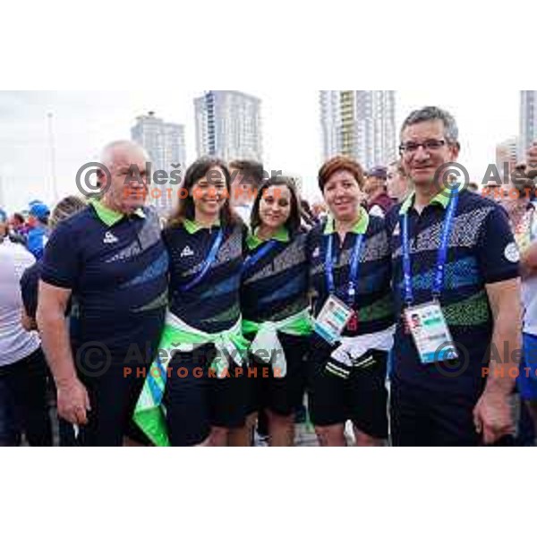 Ziva Dvorsak, Urska Kuharic, Rajmond Debevec of Slovenia shooting team at official opening of Athletes Village at 2.European Games in Minsk, Belarus on June 20, 2019