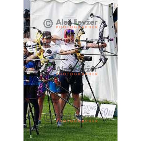 Marcella Tonioli (ITA) and Toja Ellison (SLO) compete in Women\'s Compound Individual Qualification Round at 2. European Games in Minsk, Belarus on June 21, 2019