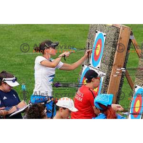 Toja Ellison (SLO) competes in Women\'s Compound Individual Qualification Round at 2. European Games in Minsk, Belarus on June 21, 2019