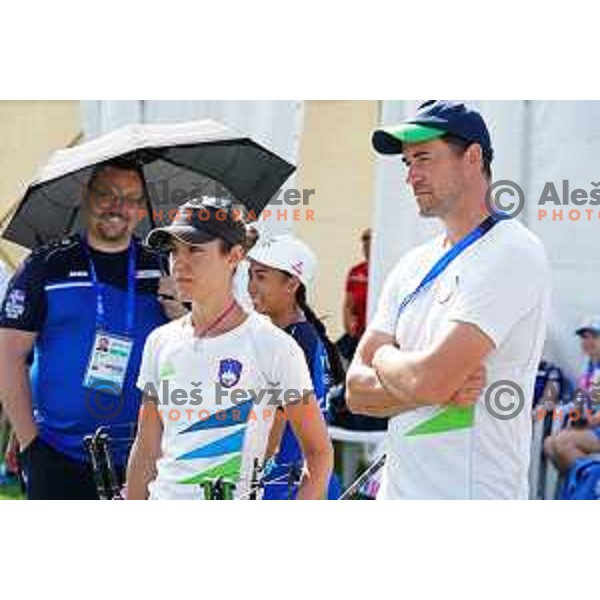 Toja Ellison (SLO) competes in Women\'s Compound Individual Qualification Round at 2. European Games in Minsk, Belarus on June 21, 2019