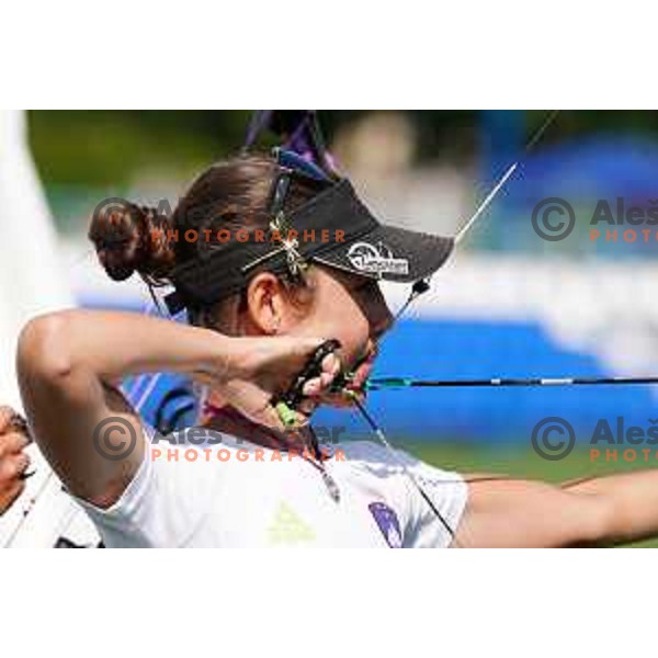 Toja Ellison (SLO) competes in Women\'s Compound Individual Qualification Round at 2. European Games in Minsk, Belarus on June 21, 2019