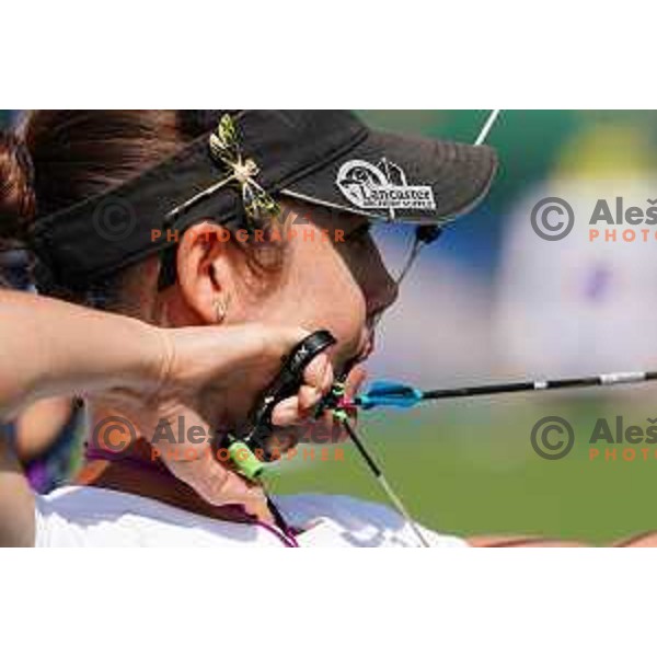 Toja Ellison (SLO) competes in Women\'s Compound Individual Qualification Round at 2. European Games in Minsk, Belarus on June 21, 2019