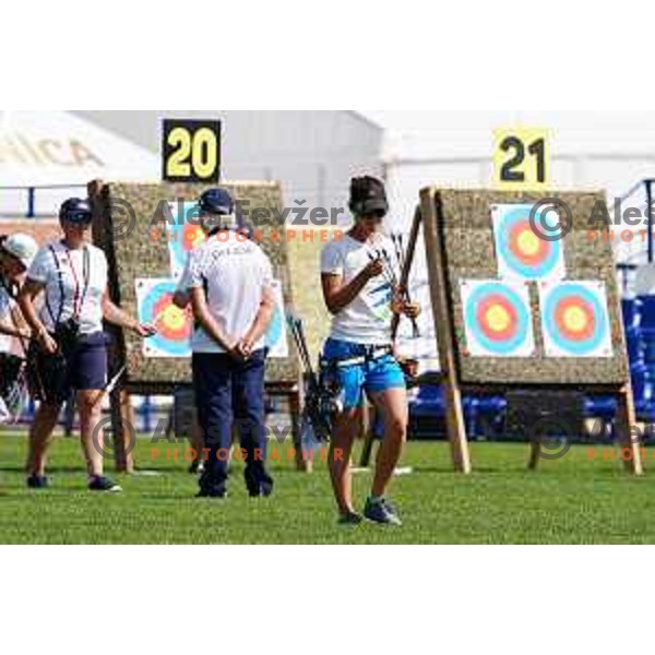 Toja Ellison (SLO) competes in Women\'s Compound Individual Qualification Round at 2. European Games in Minsk, Belarus on June 21, 2019