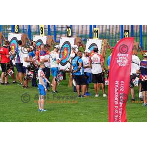 Rok Bizjak (SLO) competes in Men\'s Recurve Individual Qualification Round at 2. European Games in Minsk, Belarus on June 21, 2019