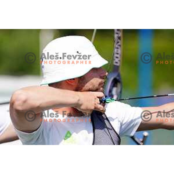 Rok Bizjak (SLO) competes in Men\'s Recurve Individual Qualification Round at 2. European Games in Minsk, Belarus on June 21, 2019